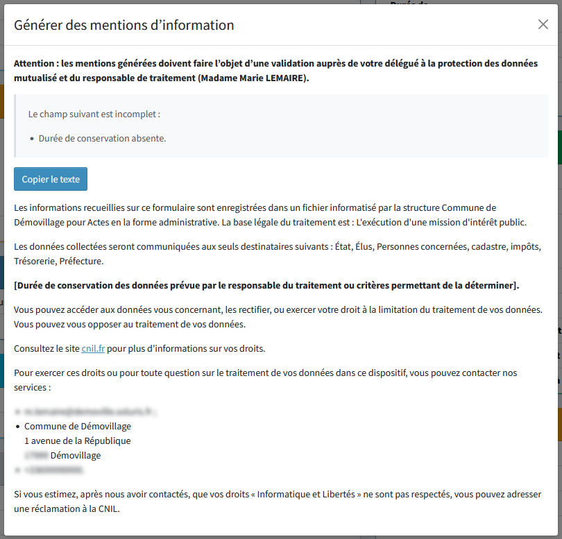 Générer des mentions d'information