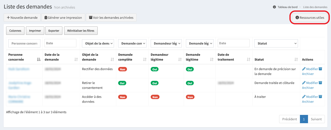 Bouton ressources utiles dans la liste des demandes