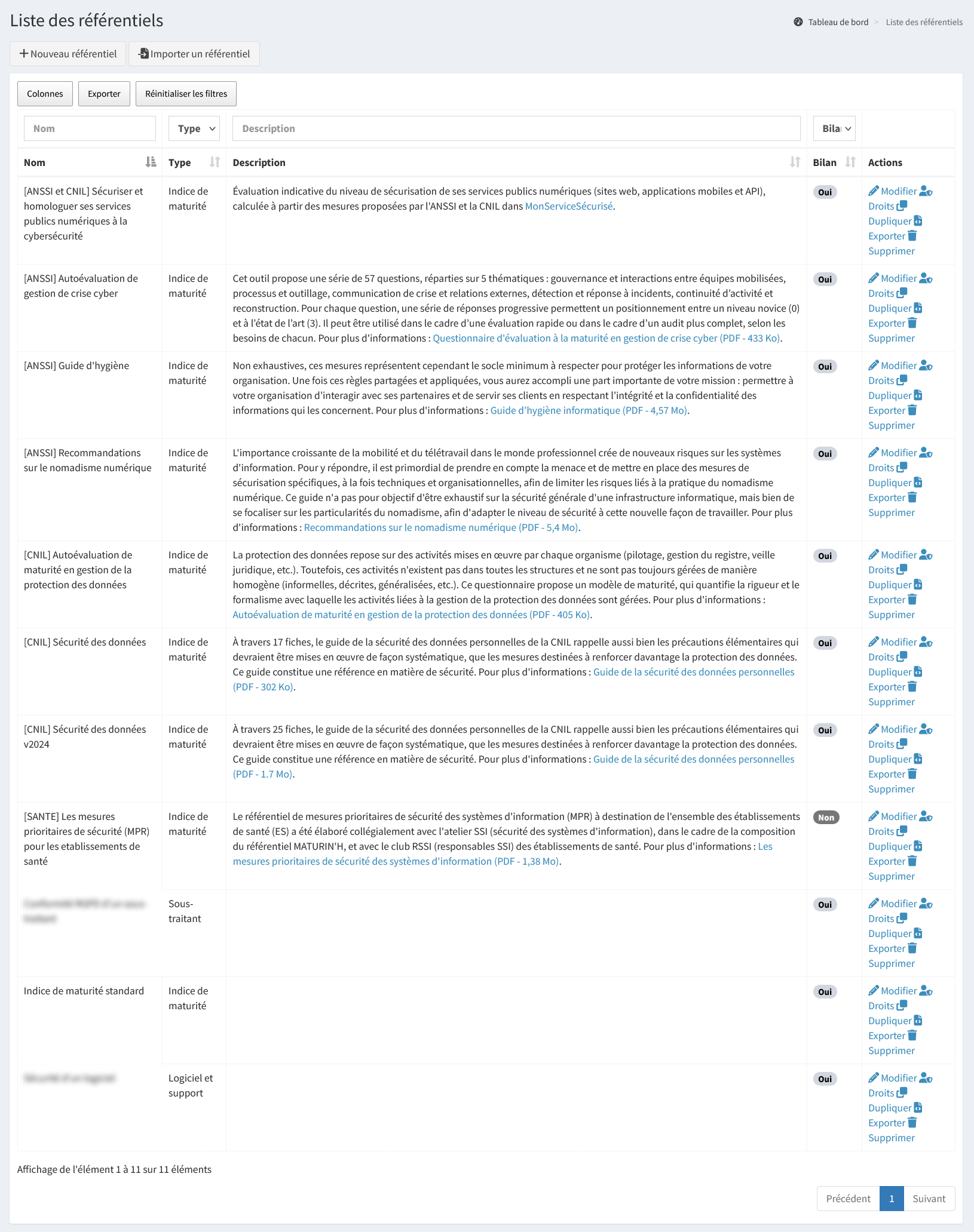 Liste des référentiels