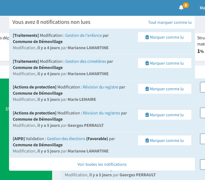 Accès aux notifications administrateur depuis l'en-tête